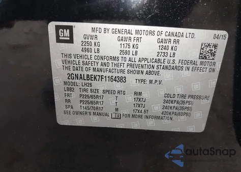 2015 Chevrolet Equinox 1Lt from USA, damaged, VIN 2GNALBEK7F1164383